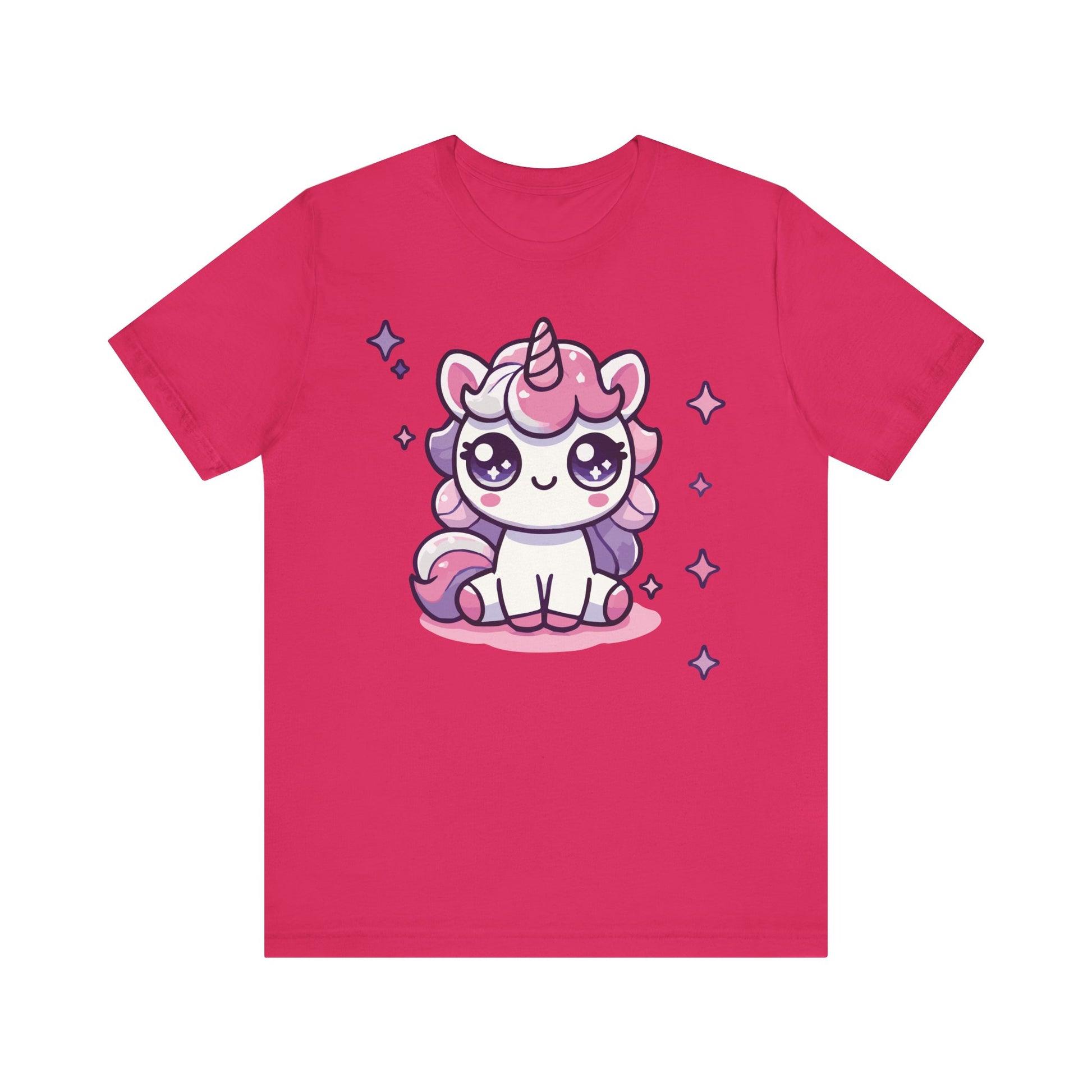 Fuchsia t-shirt with an adorable kawaii sitting unicorn, pastel pink/purple mane, sparkling anime eyes, and twinkling stars.
