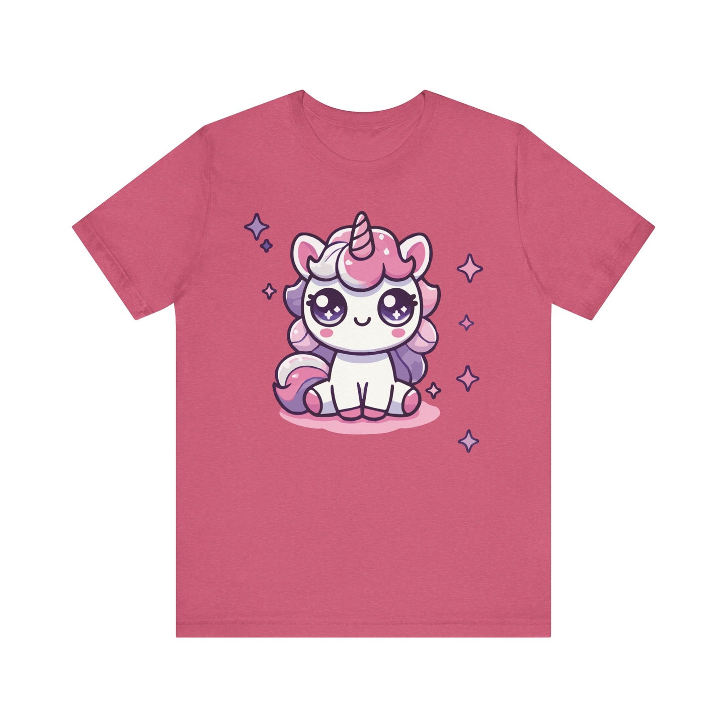 Heather raspberry t-shirt featuring a kawaii sitting unicorn with pastel mane, big anime eyes, and magical twinkling stars.
