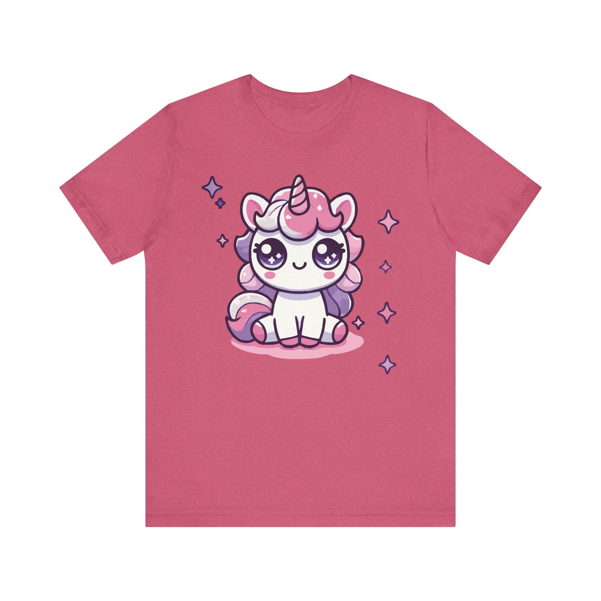 Heather raspberry t-shirt featuring a kawaii sitting unicorn with pastel mane, big anime eyes, and magical twinkling stars.

