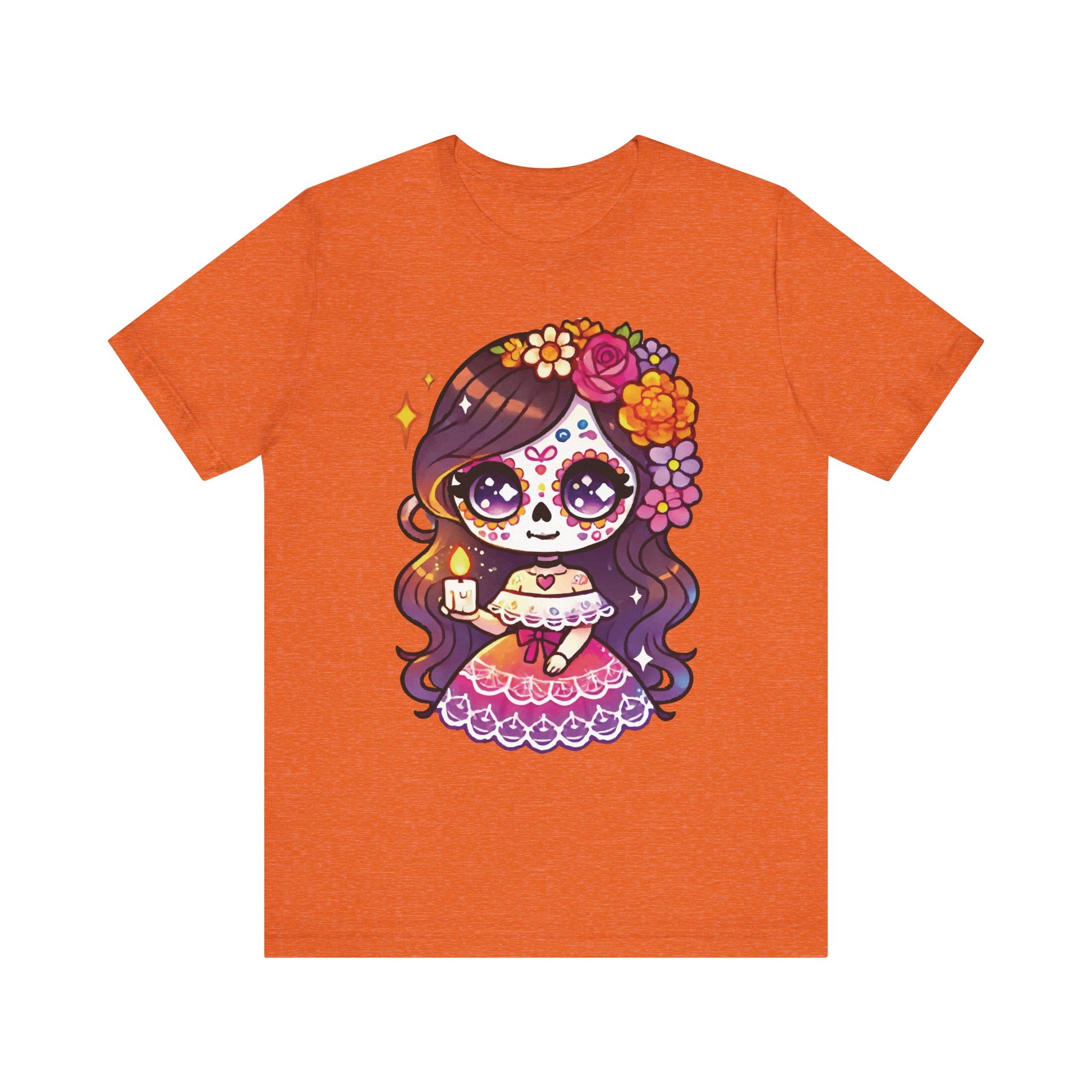 Burnt orange t-shirt with kawaii sugar skull girl holding candle, brown hair, vibrant floral crown, pink Mexican dress.
