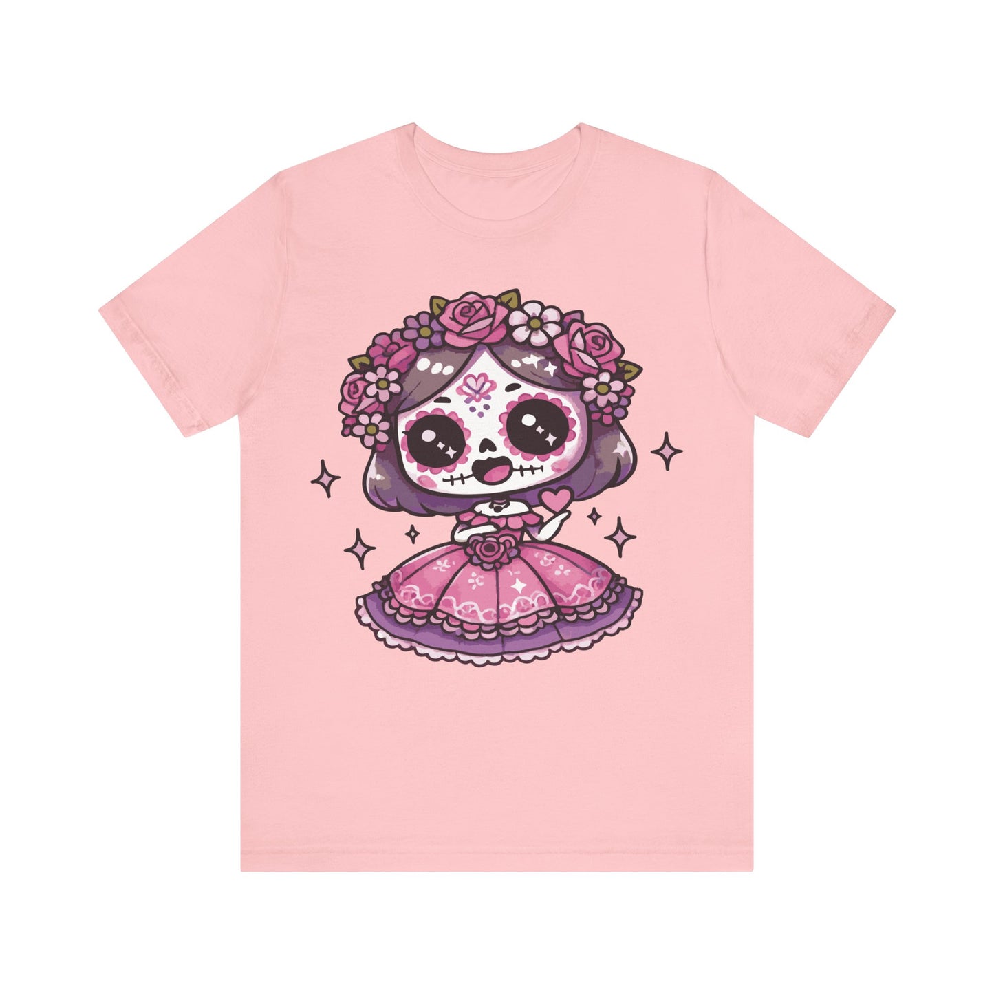 Charity pink t-shirt with kawaii chibi sugar skull girl, purple hair, pink Mexican dress, floral crown of roses, and sparkles.
