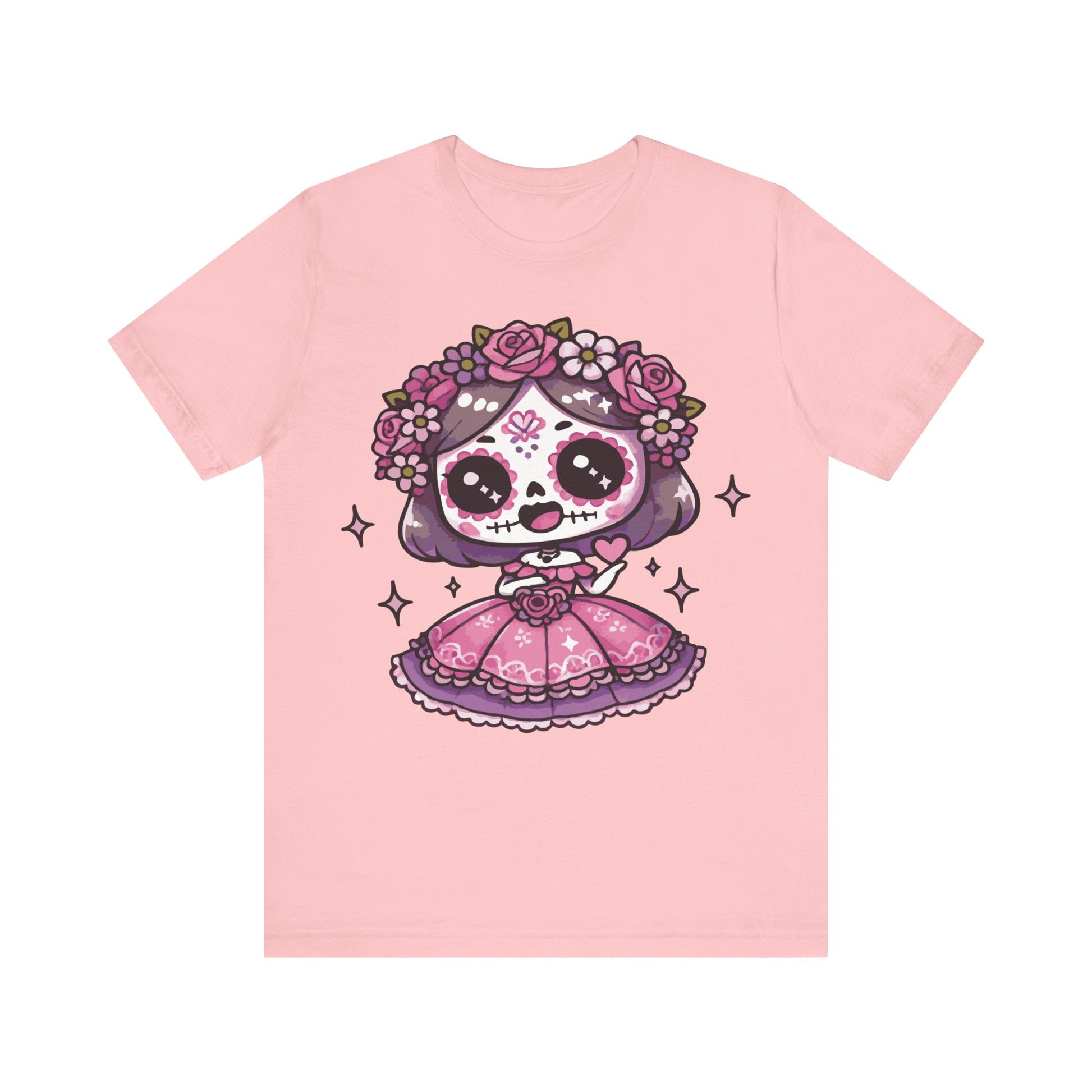 Charity pink t-shirt with kawaii chibi sugar skull girl, purple hair, pink Mexican dress, floral crown of roses, and sparkles.
