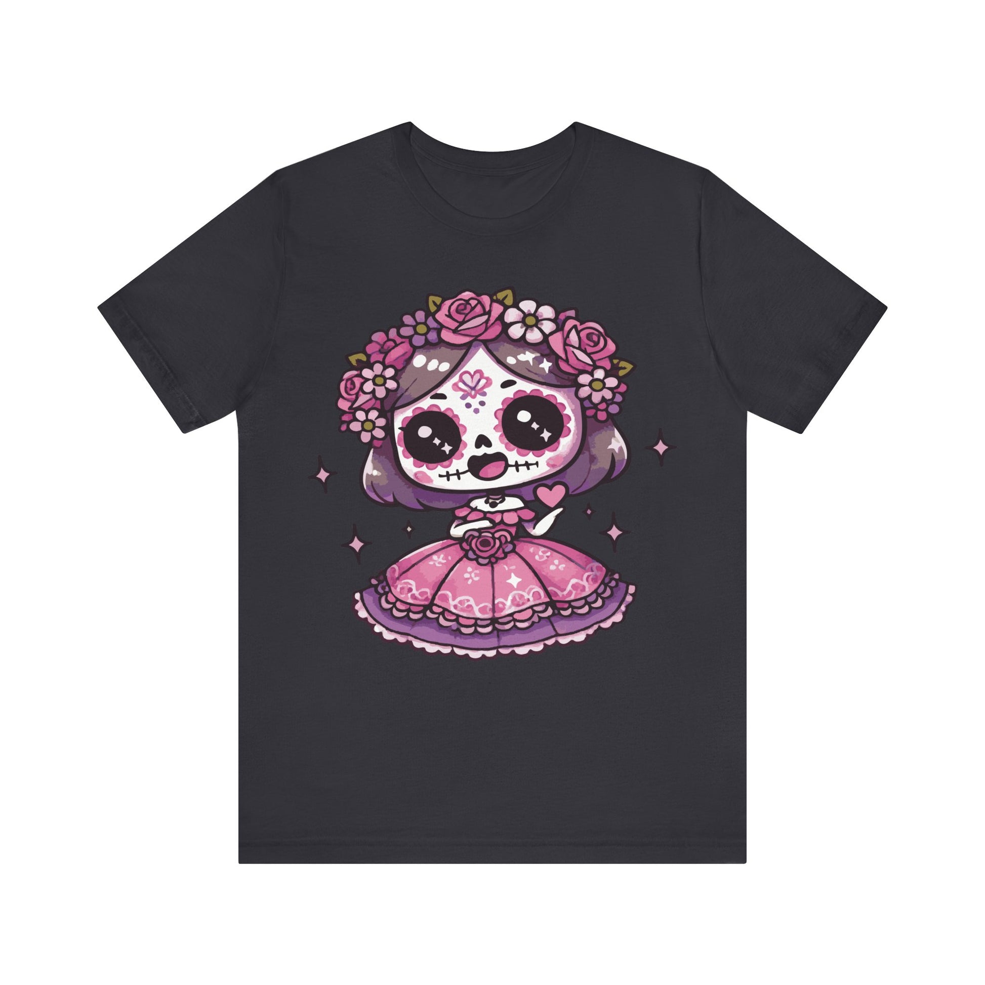 Dark grey t-shirt featuring kawaii sugar skull girl, purple hair, pink Mexican dress, floral crown of roses, and sparkles.
