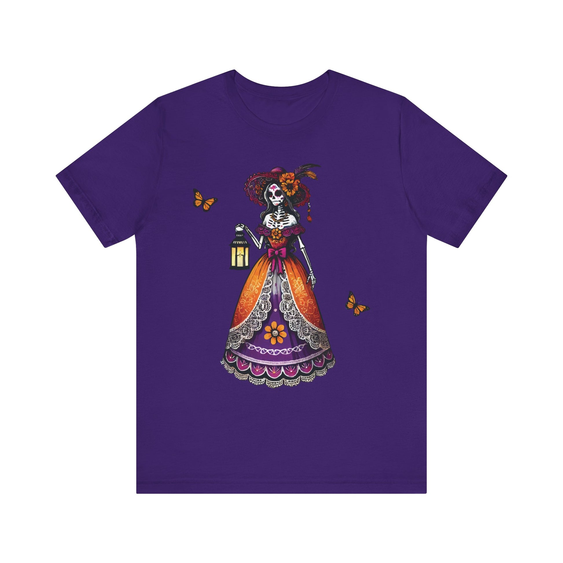 Team purple t-shirt showcasing a festive Día de los Muertos La Catrina skeleton lady with a lantern, vibrant traditional dress, and fluttering monarch butterflies.

