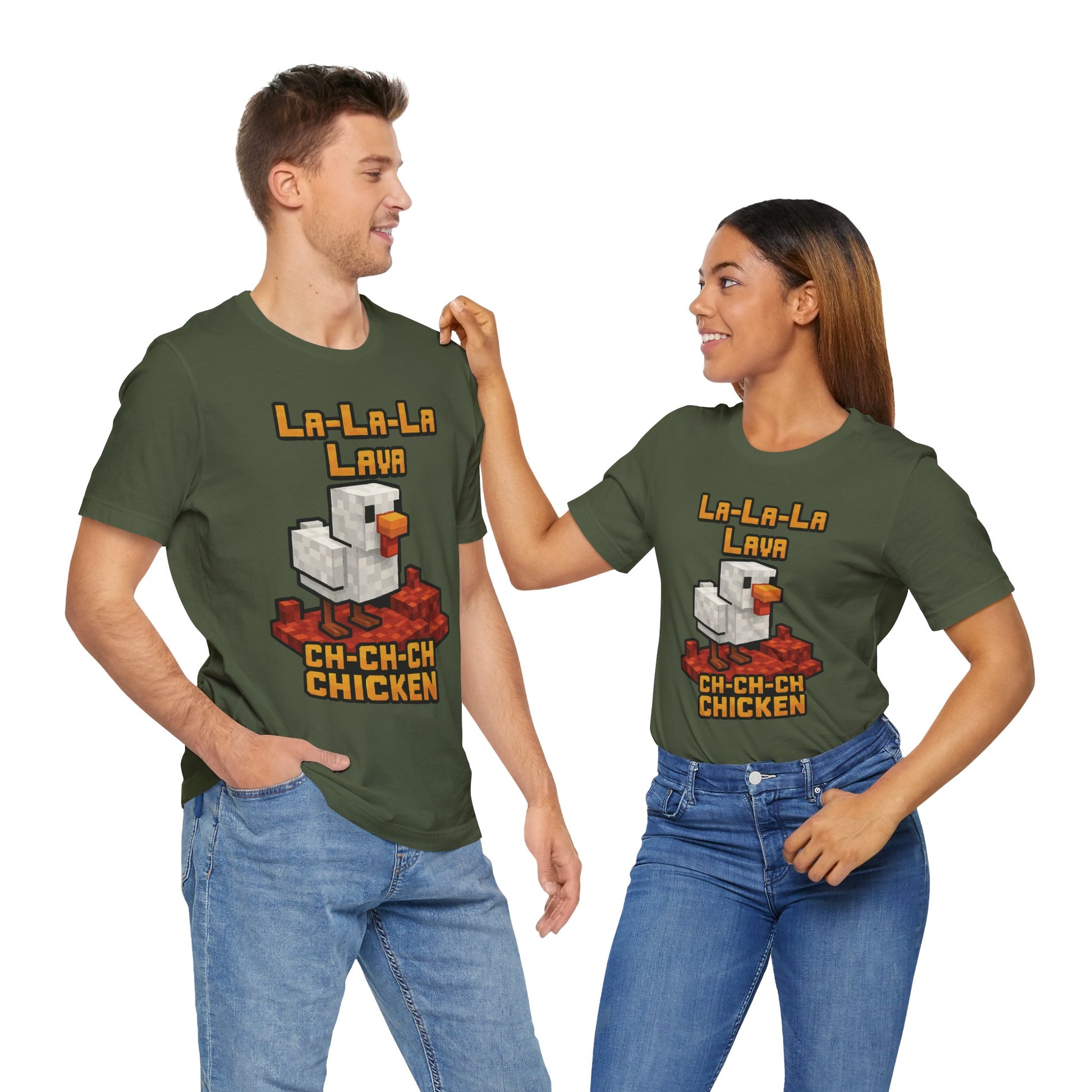 Couple Military green "La-La-Lava Ch-Ch-Ch Chicken" Minecraft-style gamer tee

