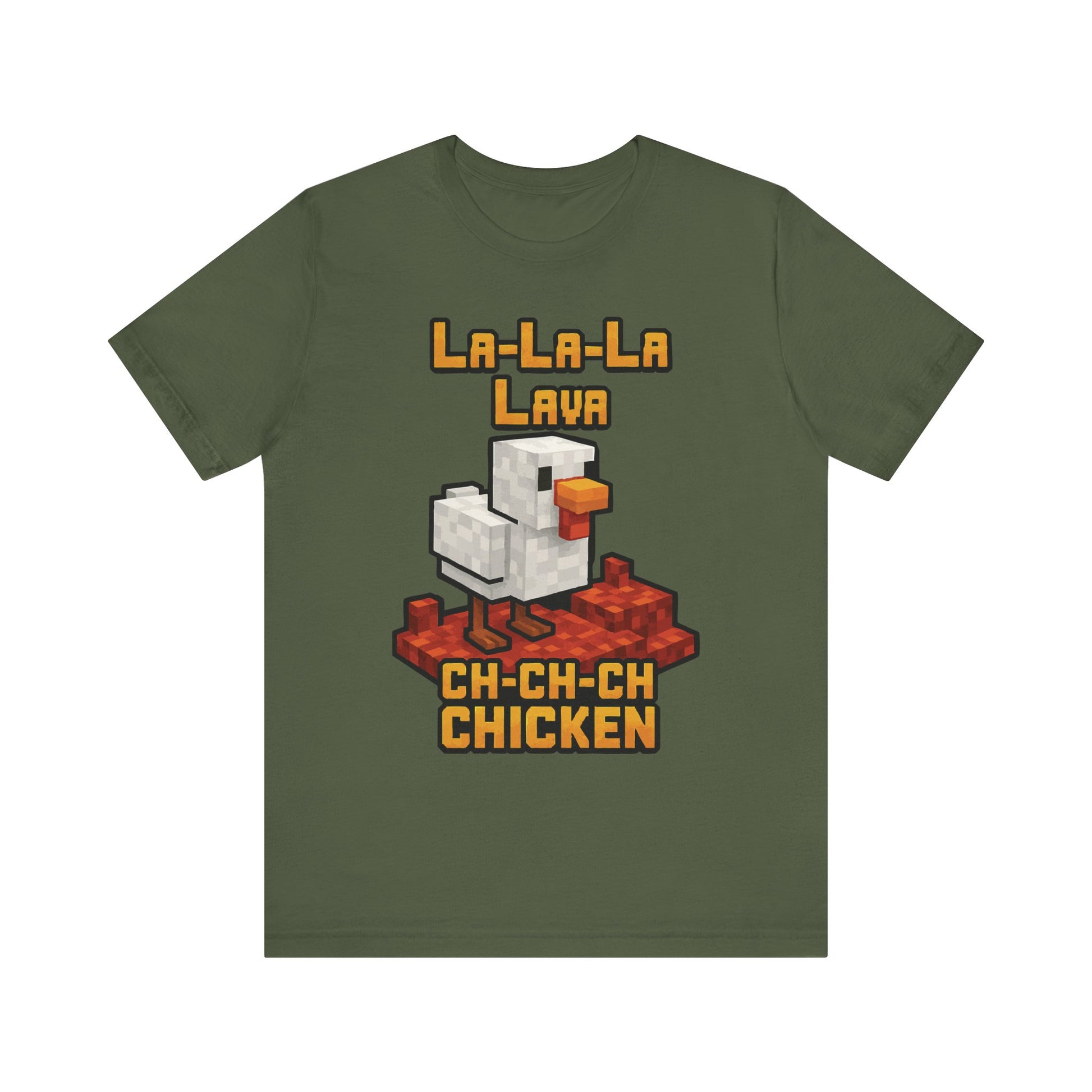 Military green "La-La-Lava Ch-Ch-Ch Chicken" Minecraft-style gamer tee

