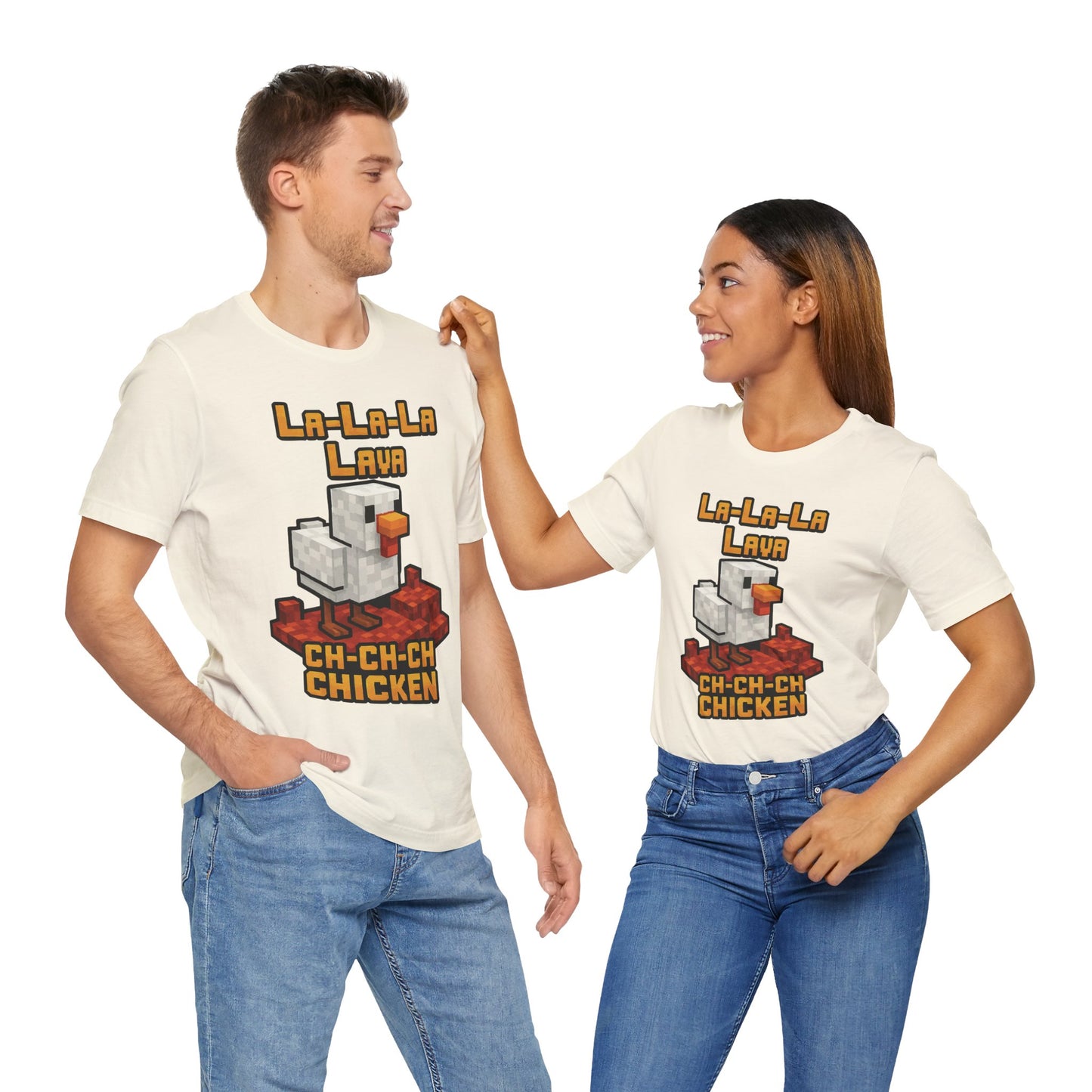 Couple Natural "La-La-Lava Ch-Ch-Ch Chicken" pixel style gaming chicken T-shirt

