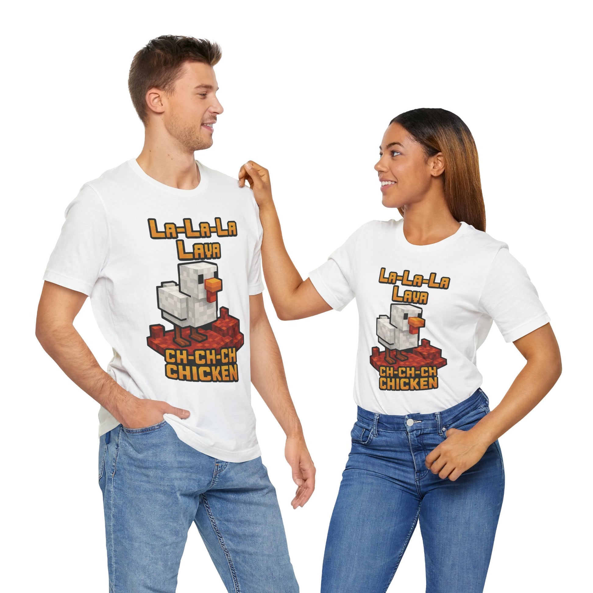 Couple White "La-La-Lava Ch-Ch-Ch Chicken" funny gaming T-shirt with lava and chicken
