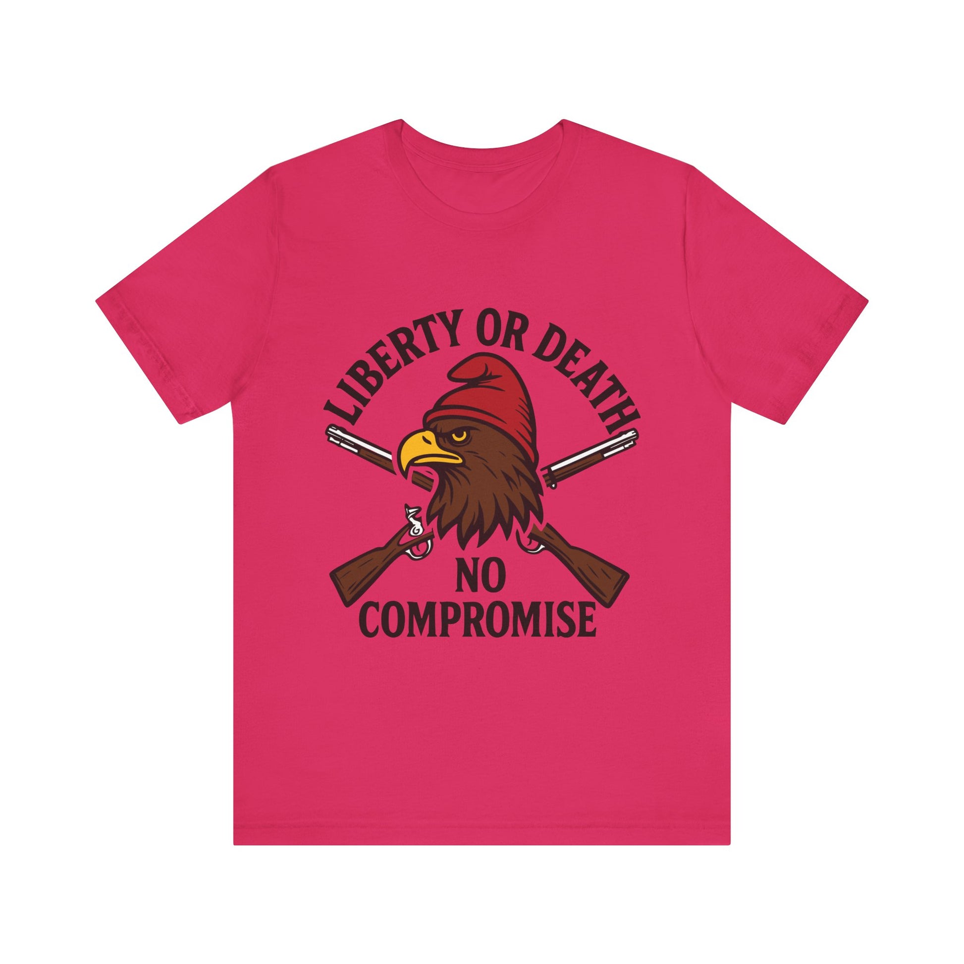 Fuchsia "Liberty or Death No Compromise" eagle and rifles patriotic T-shirt


