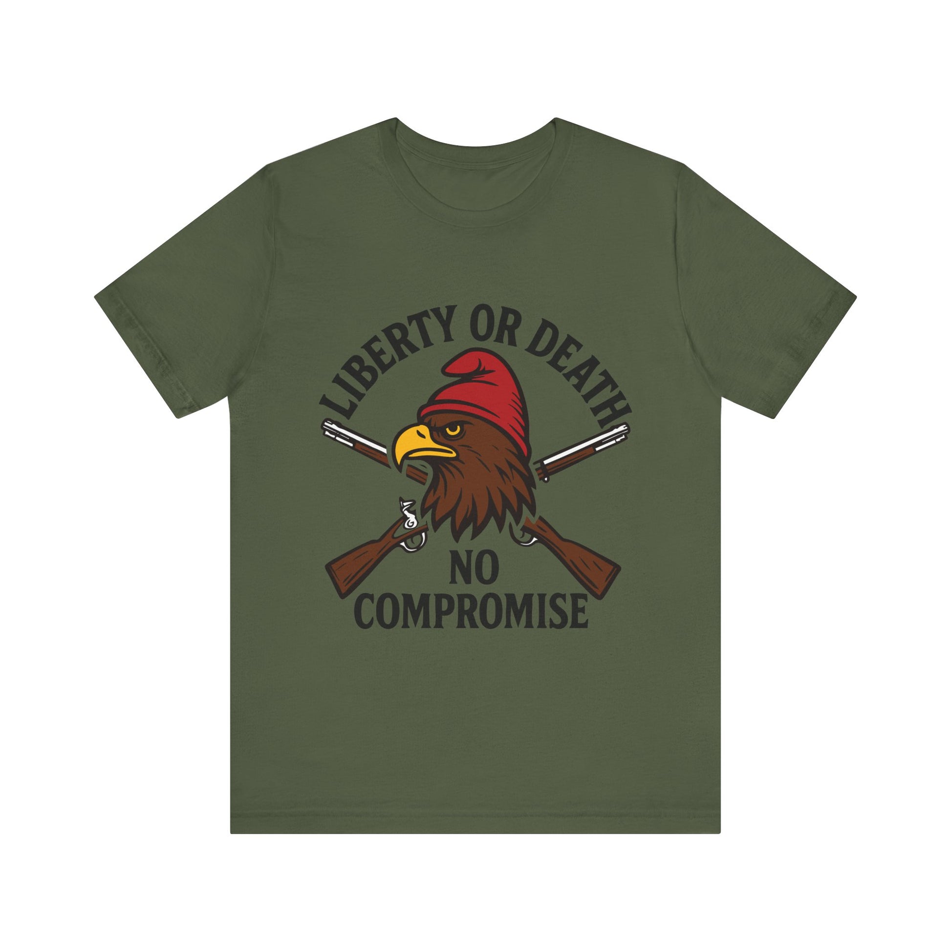 Military green "Liberty or Death No Compromise" patriotic eagle and rifles T-shirt
