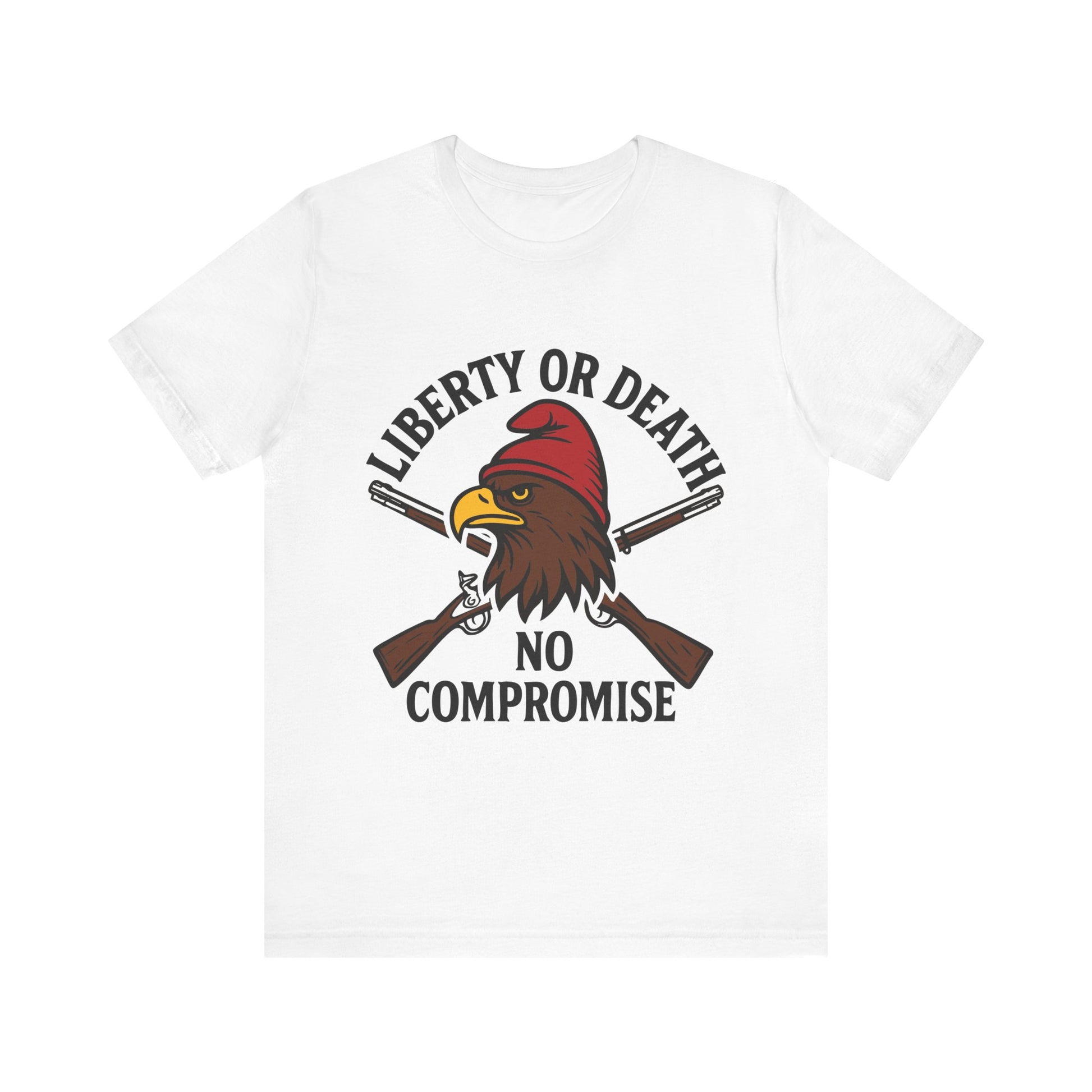 White "Liberty or Death No Compromise" patriotic eagle and rifles T-shirt
