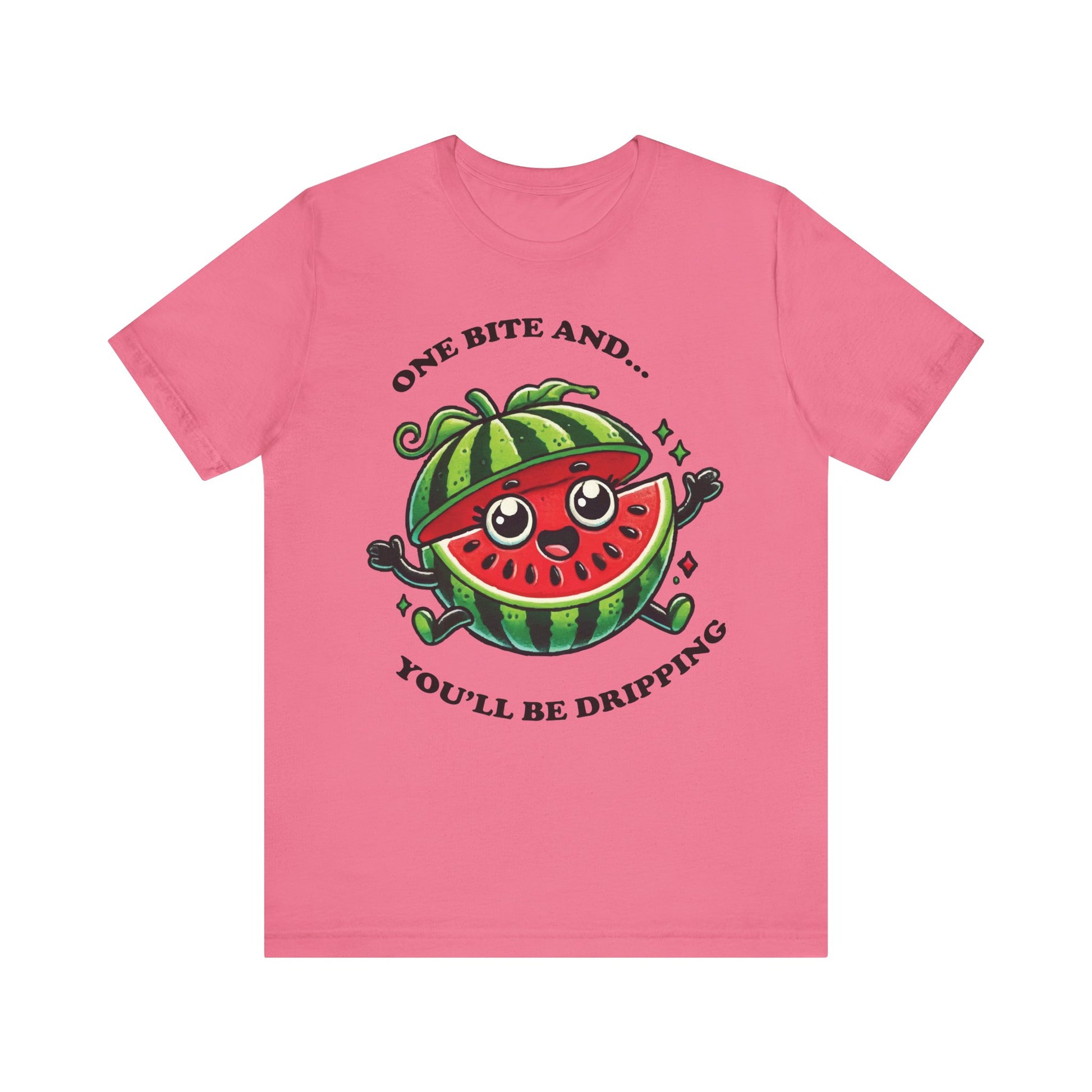Charity pink t-shirt with an adorable cartoon watermelon and a cheeky message: “One Bite and... You’ll Be Dripping,” in eye-catching print.

