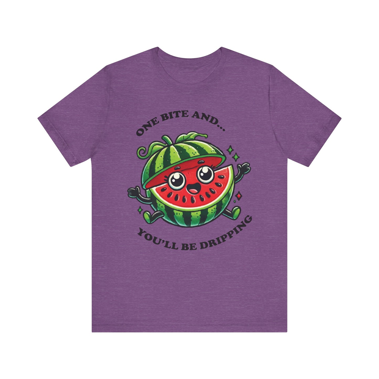 Heather purple t-shirt featuring a cute cartoon watermelon character with happy eyes and the phrase "One Bite and... You'll Be Dripping" in playful text.

