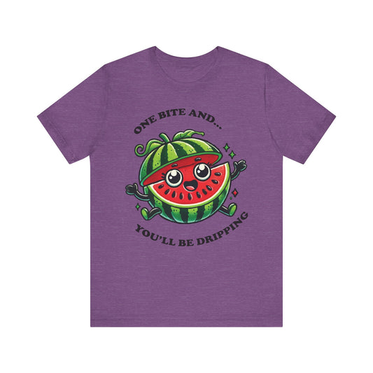 Heather purple t-shirt featuring a cute cartoon watermelon character with happy eyes and the phrase "One Bite and... You'll Be Dripping" in playful text.

