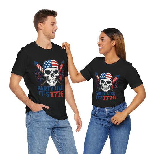 Couple Black "Party Like It’s 1776" patriotic skull T-shirt with American flag bandana and fireworks graphic

