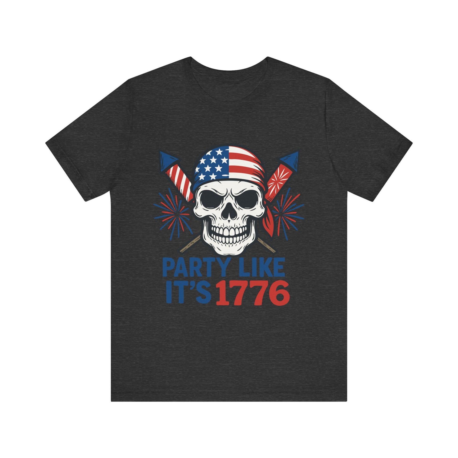Dark grey heather "Party Like It’s 1776" skull 4th of July T-shirt with American flag and fireworks
