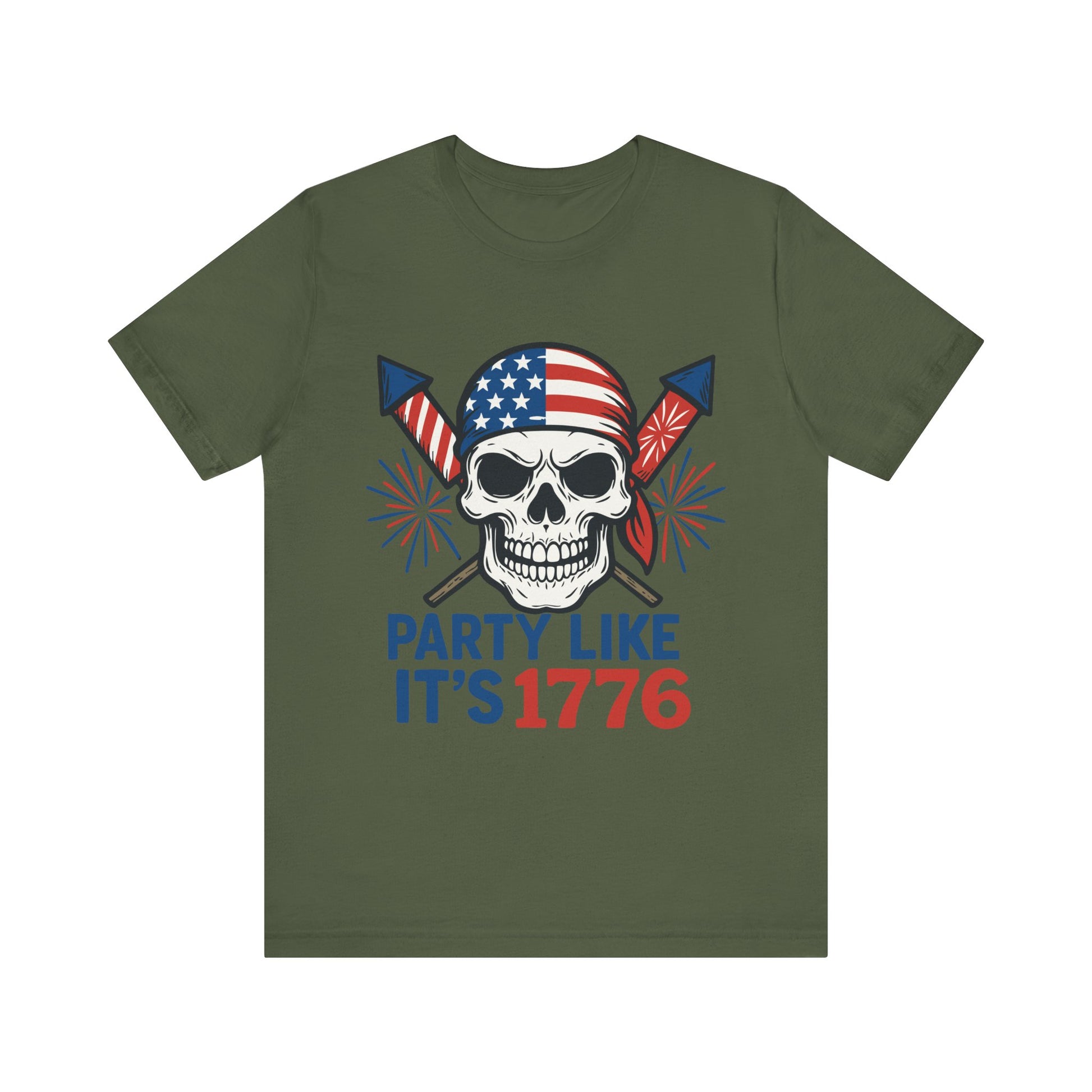 Military green "Party Like It’s 1776" skull T-shirt with American flag bandana and fireworks graphic
