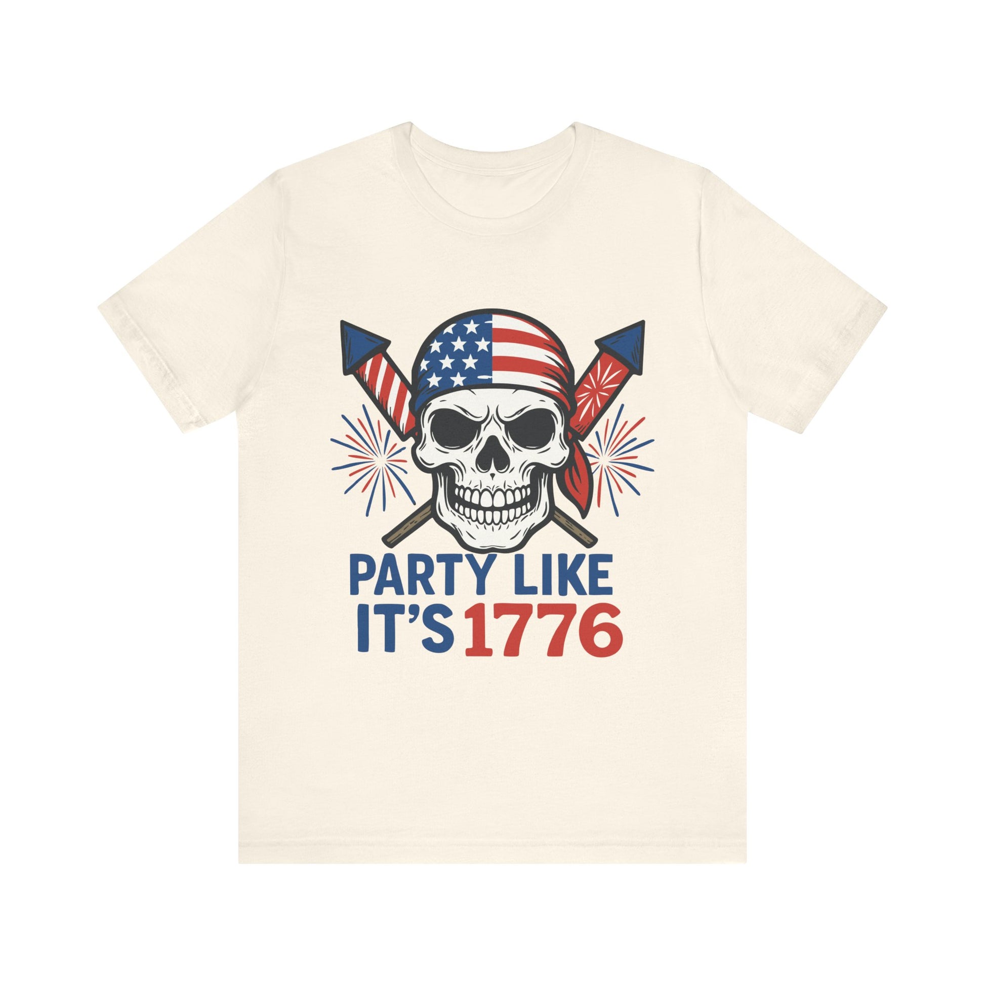 Natural color "Party Like It’s 1776" patriotic skull T-shirt with American flag bandana and fireworks
