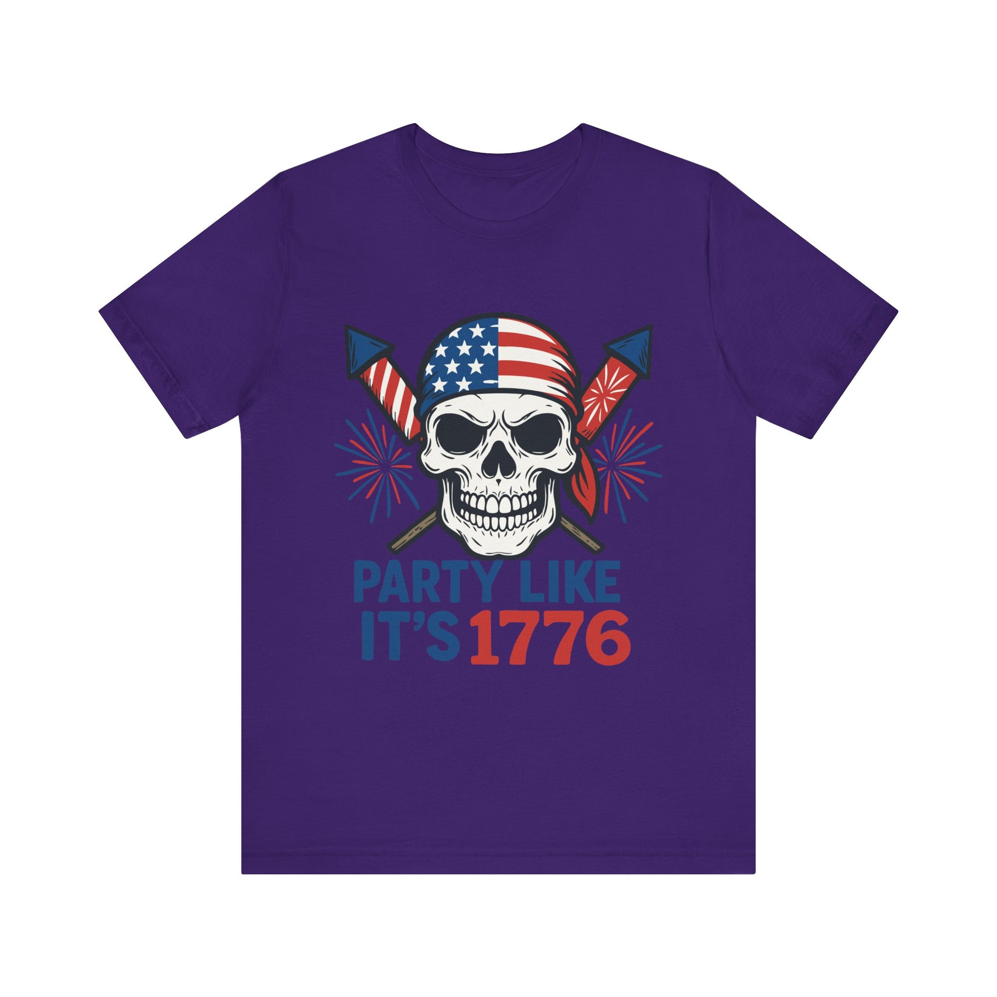 Team purple "Party Like It’s 1776" skull T-shirt with American flag bandana and fireworks graphic
