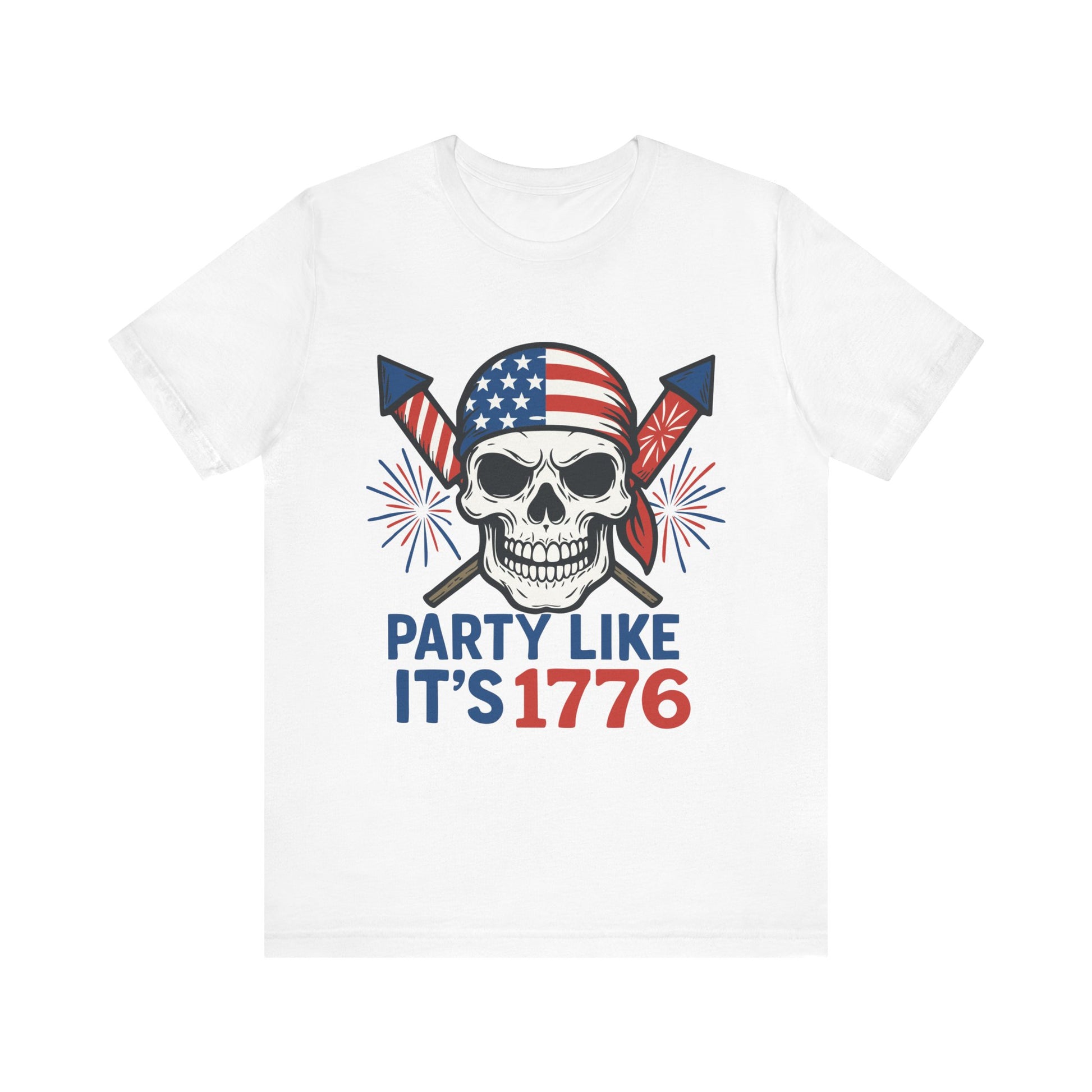 White "Party Like It’s 1776" patriotic skull T-shirt with American flag bandana and fireworks design
