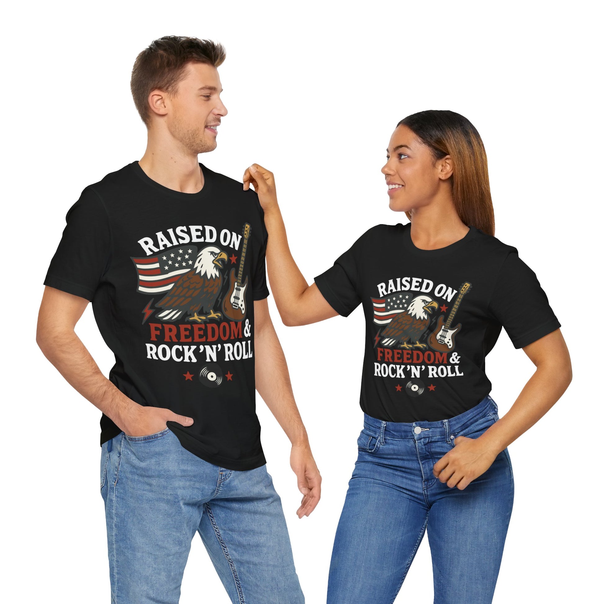 Couple Black "Raised on Freedom & Rock ’N’ Roll" patriotic eagle and guitar T-shirt
