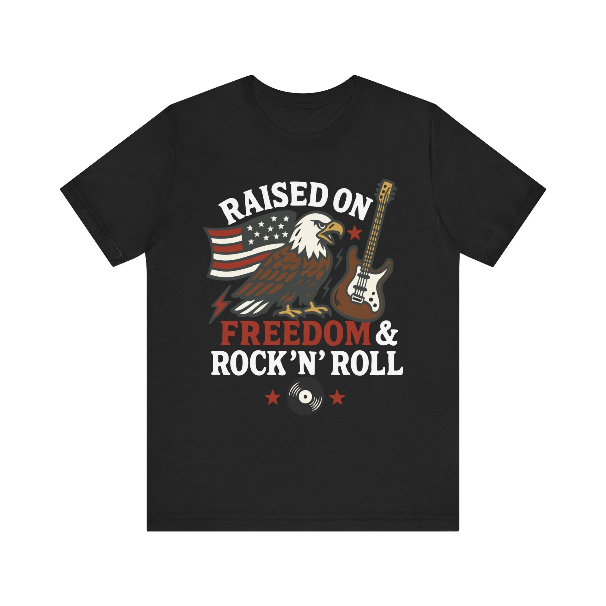 Black "Raised on Freedom & Rock ’N’ Roll" patriotic eagle and guitar T-shirt
