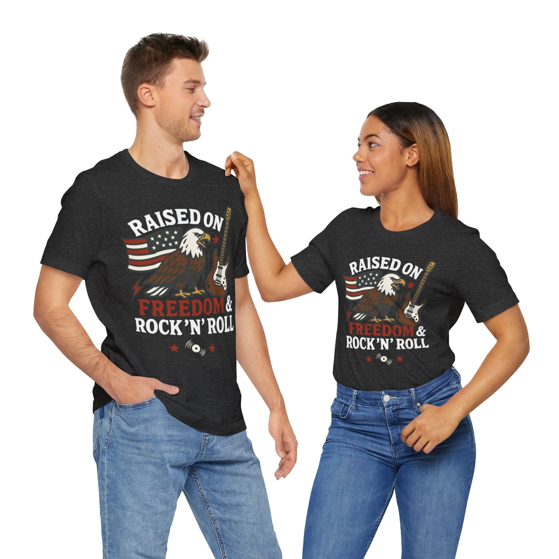 Couple Dark grey heather "Raised on Freedom & Rock ’N’ Roll" eagle & guitar T-shirt
