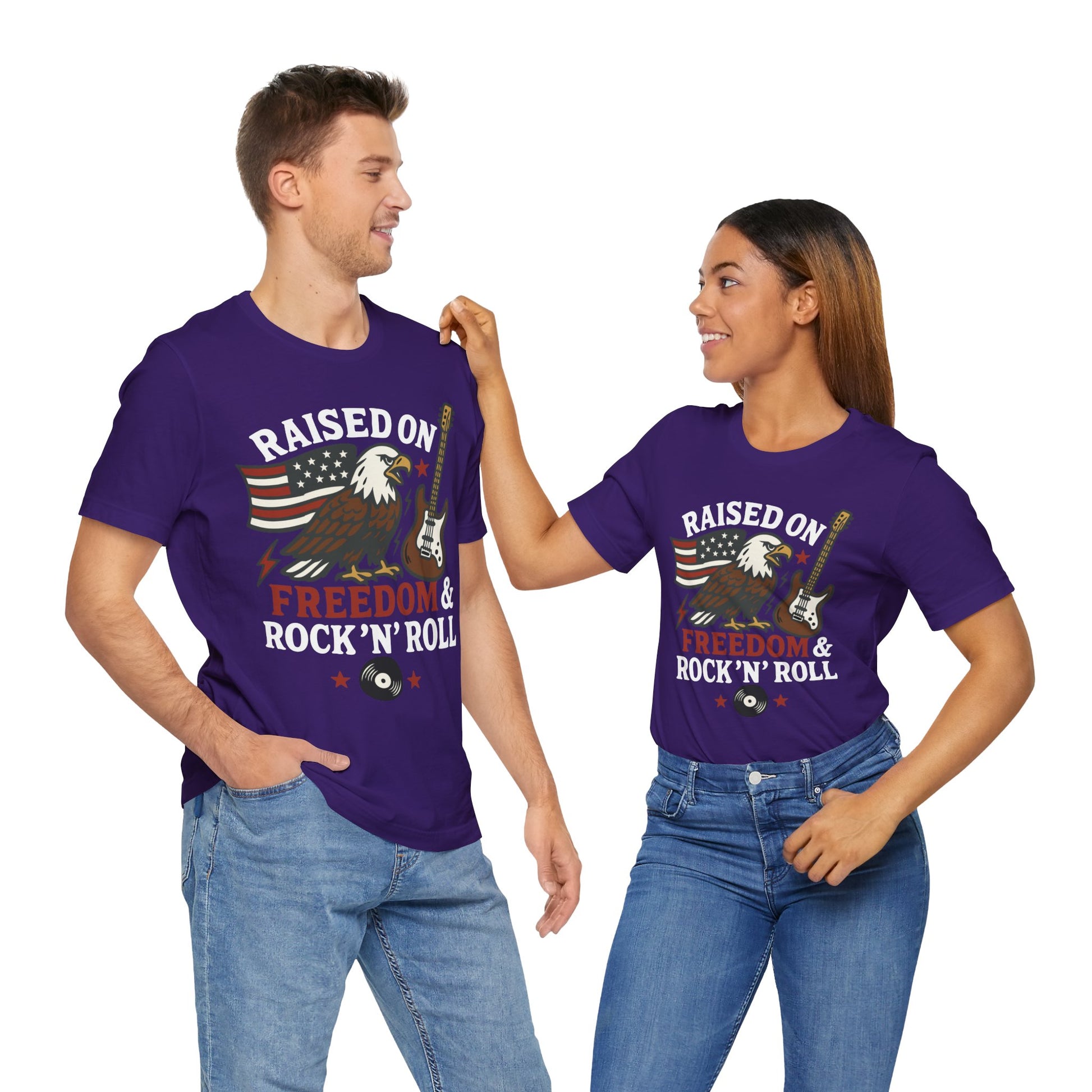 Couple Team purple "Raised on Freedom & Rock ’N’ Roll" eagle & guitar patriotic T-shirt
