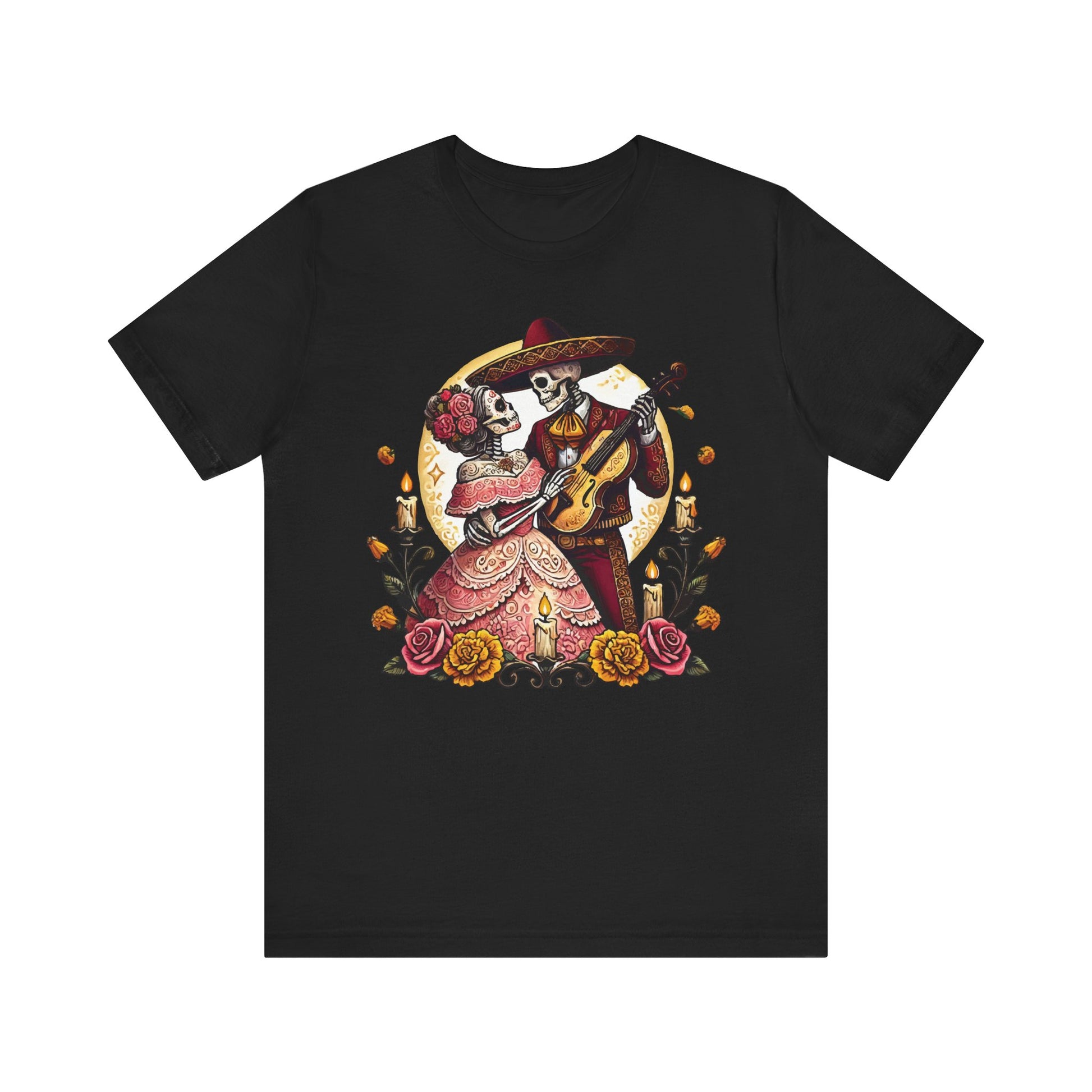 Black t-shirt with a romantic Día de los Muertos sugar skull couple — elegant lady in red dress and mariachi skeleton man playing guitar, with marigolds and candlelit moon background.
