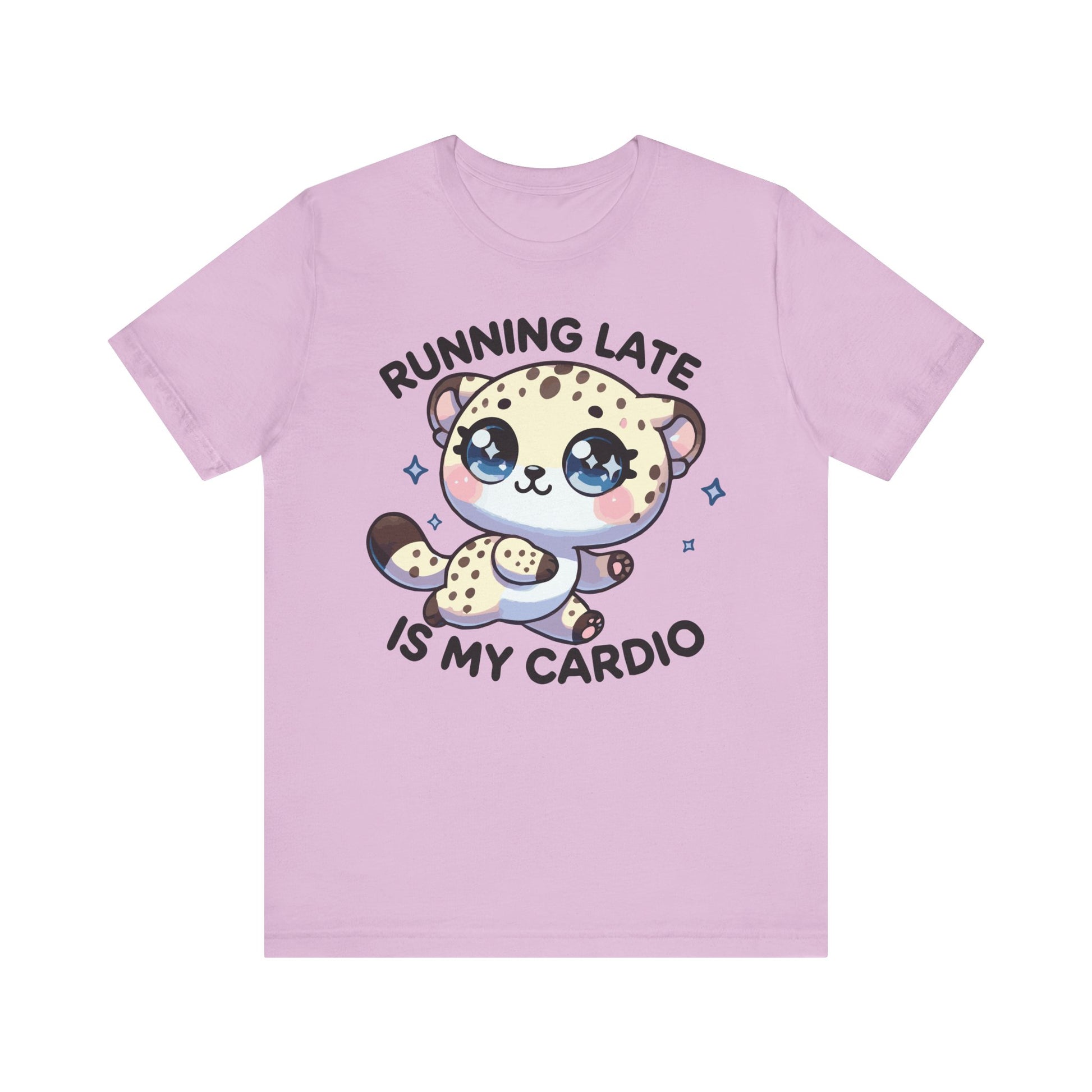 Lilac t-shirt featuring a cute cartoon leopard with sparkles and the text "Running Late Is My Cardio" in bold playful font.
