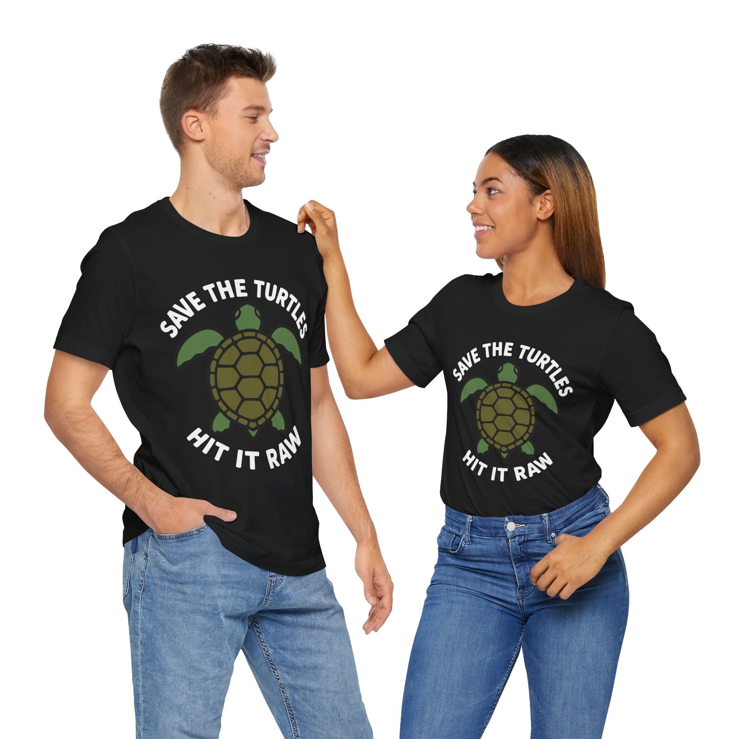 Couple Black "Save the Turtles Hit It Raw" funny edgy T-shirt with green turtle graphic