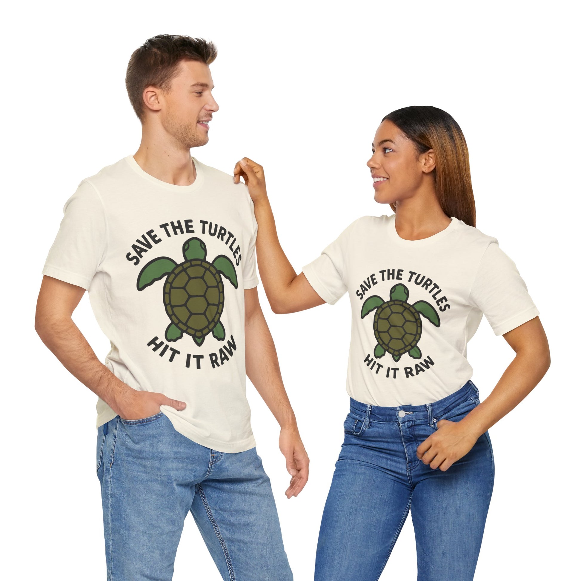 Couple Natural "Save the Turtles Hit It Raw" viral slogan T-shirt with turtle design
