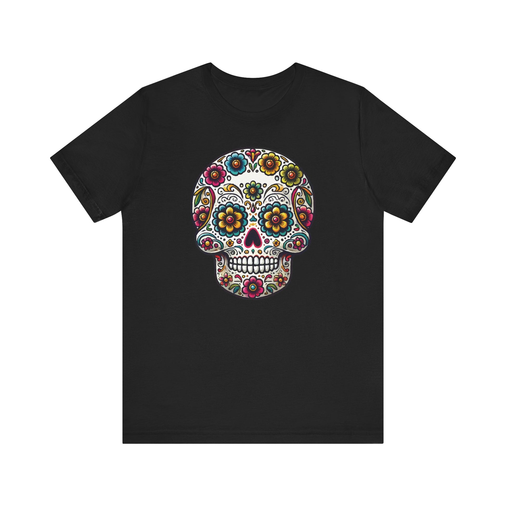Black t-shirt with a traditional Mexican-style sugar skull decorated with colorful flowers, hearts, and swirls, inspired by Día de los Muertos.

