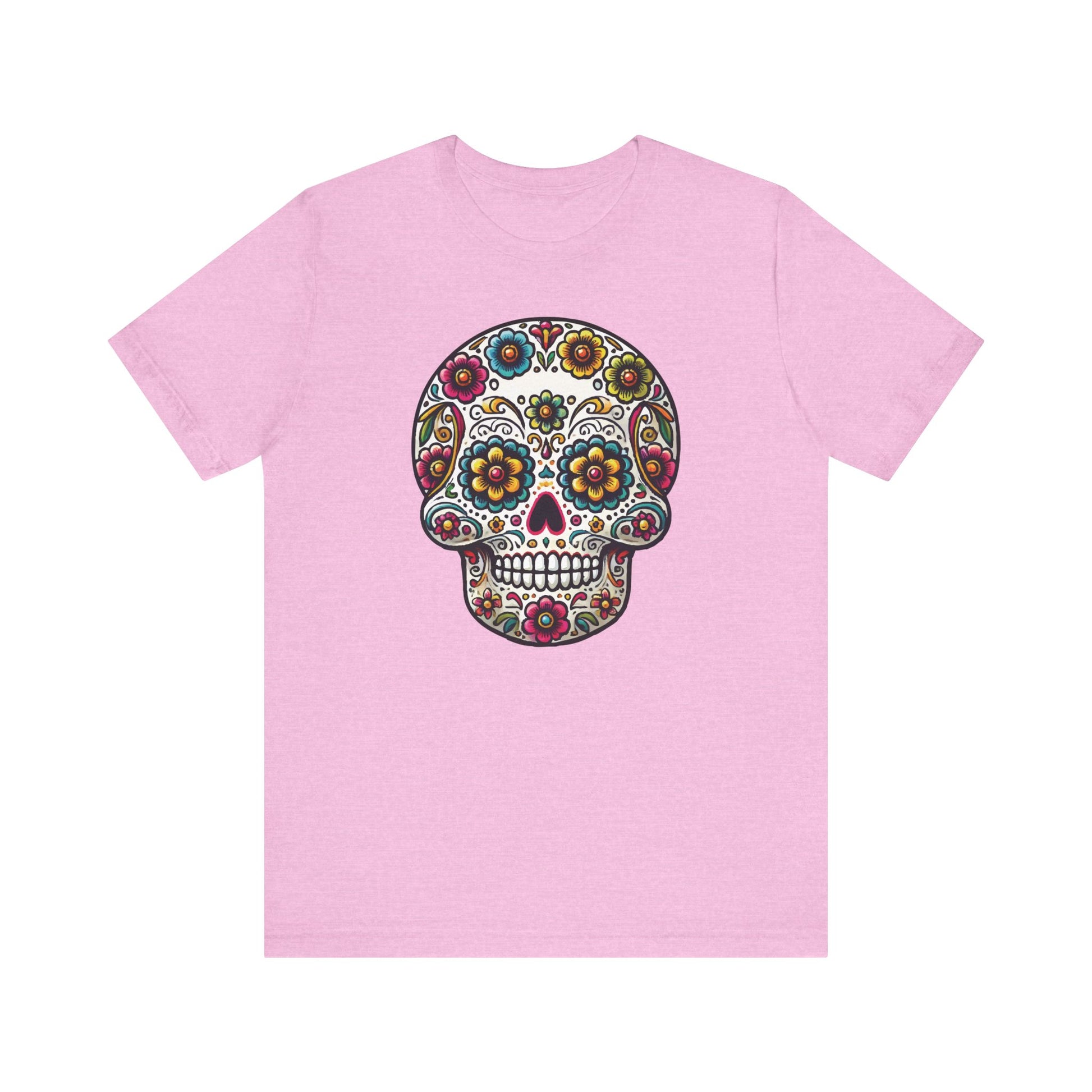 Heather bubble gum pink t-shirt with a detailed sugar skull design full of vibrant floral motifs and colorful folk art styling.

