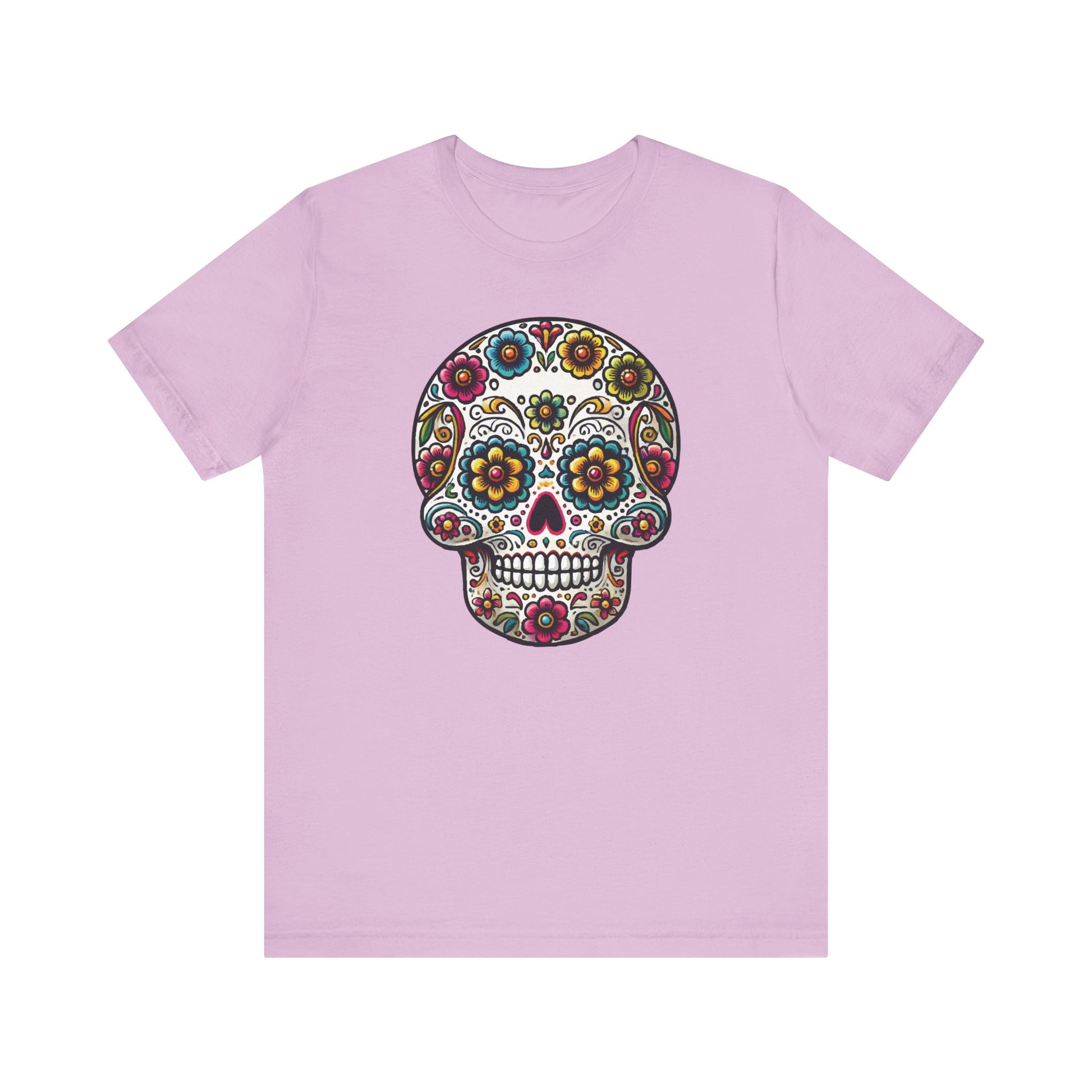Heather bubble gum pink t-shirt with a detailed sugar skull design full of vibrant floral motifs and colorful folk art styling.

