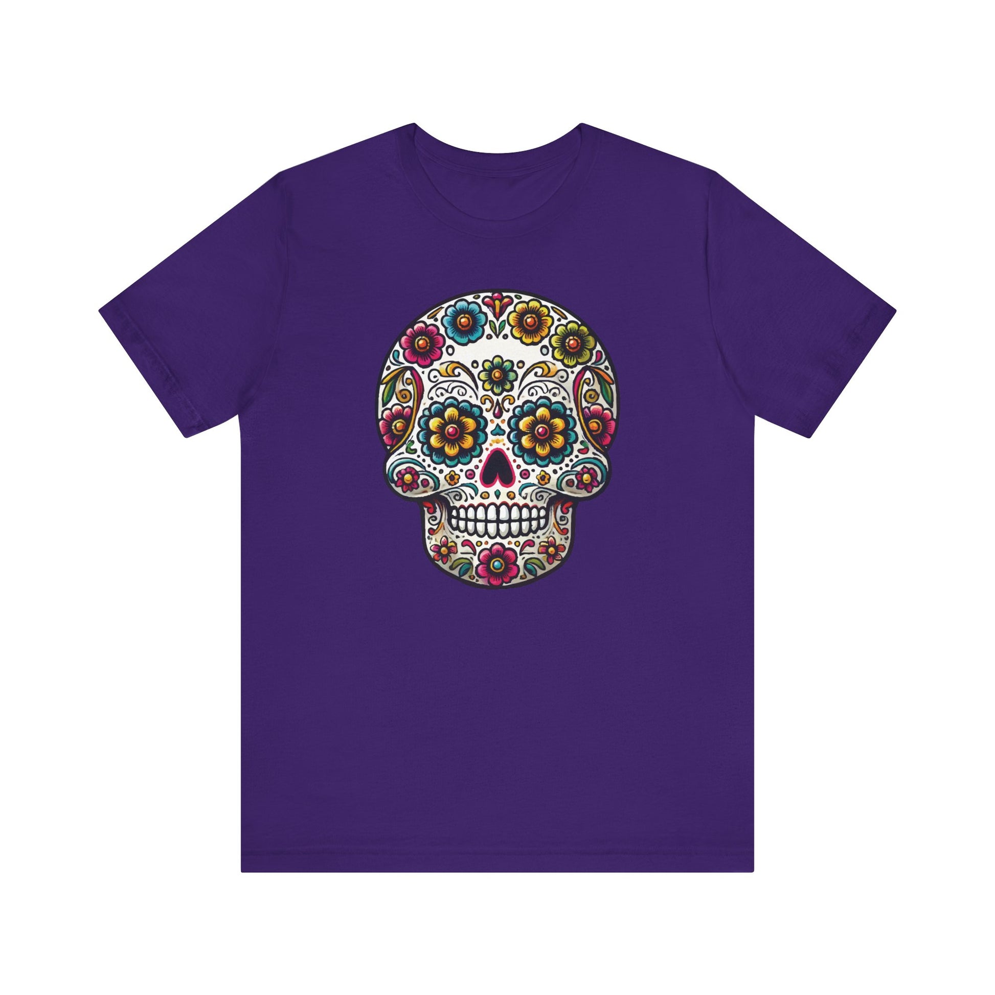 Team purple t-shirt with a traditional sugar skull decorated with bright flowers and intricate swirls, honoring Day of the Dead traditions.
