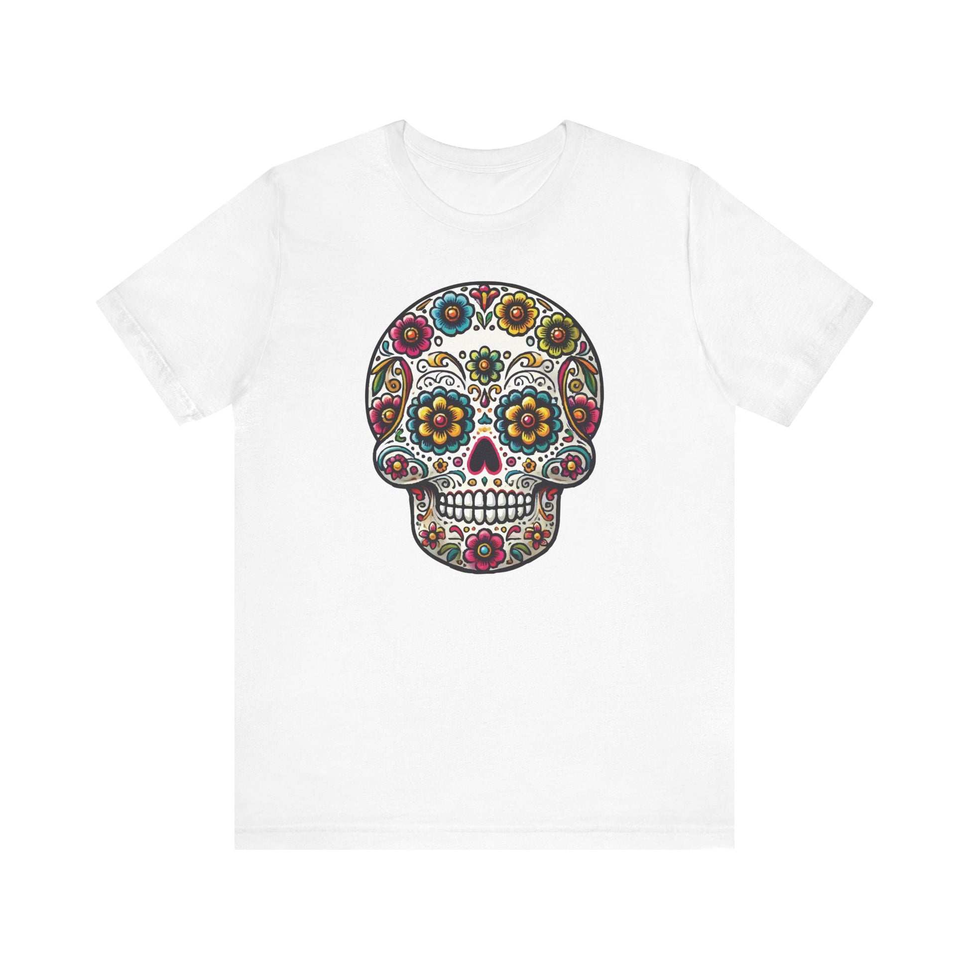 White t-shirt featuring a traditional floral sugar skull with bright colorful flowers, swirls, and hearts in Mexican folk style.
