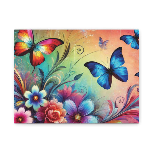 Canvas print featuring vivid blue and rainbow butterflies fluttering over lush, colorful flowers with swirling stems and a warm gradient background.

