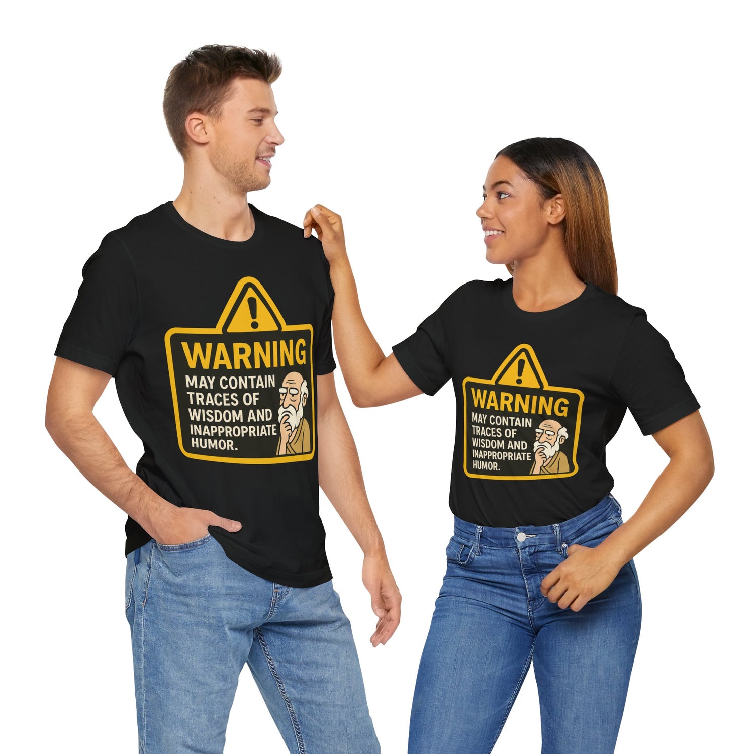 Couple Black "Warning: Wisdom and Inappropriate Humor" funny T-shirt with warning sign graphic
