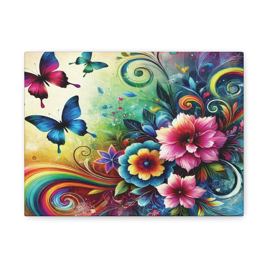 Canvas print featuring a whimsical explosion of rainbow-colored flowers, swirling leaves, and vibrant butterflies on a bright artistic background.

